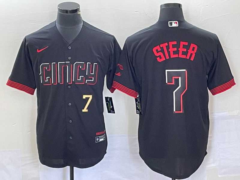 Mens Cincinnati Reds #7 Spencer Steer Numer Black 2023 City Connect Cool Base Stitched Baseball Jersey 2